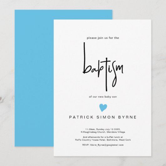 Invitation Baptême contemporain Petit Bleu Coeur bébé Garçon (Devant / Derrière)