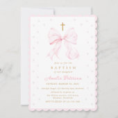 Invitation Baptême Coquette Ruban Rose et Perles (Devant)