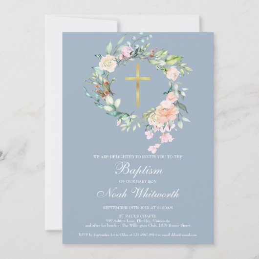 Invitation Baptême Couronne Florale Bleu Poussiéreux (Devant)