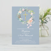 Invitation Baptême Couronne Florale Bleu Poussiéreux (Debout devant)