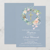 Invitation Baptême Couronne Florale Bleu Poussiéreux (Devant / Derrière)