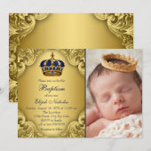 Invitation Baptême Couronne Prince Bleu Royal Or (Devant / Derrière)