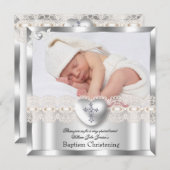 Invitation Baptême Crème Argent Photo Coeur Croix Garçon Fill (Devant / Derrière)