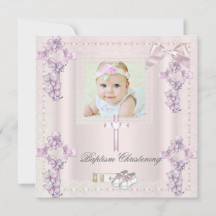 Invitation Baptême Crème Rose Croix Girl Photo baptême