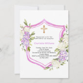 Invitation Baptême crête rose fleurs violet fille (Devant)