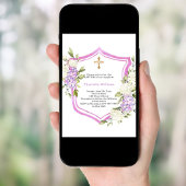 Invitation Baptême crête rose fleurs violet fille