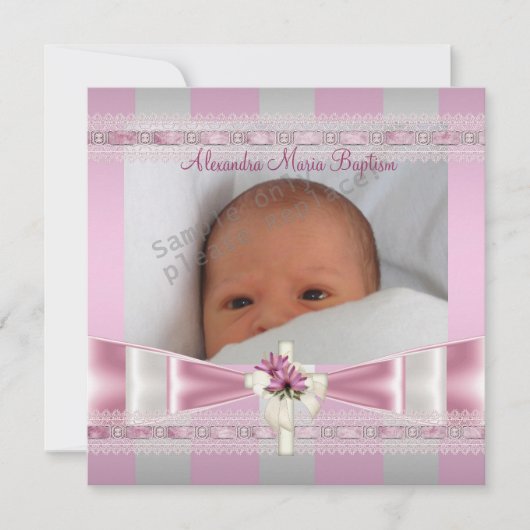Invitation Baptême croisé Baptême rose blanc (Devant)