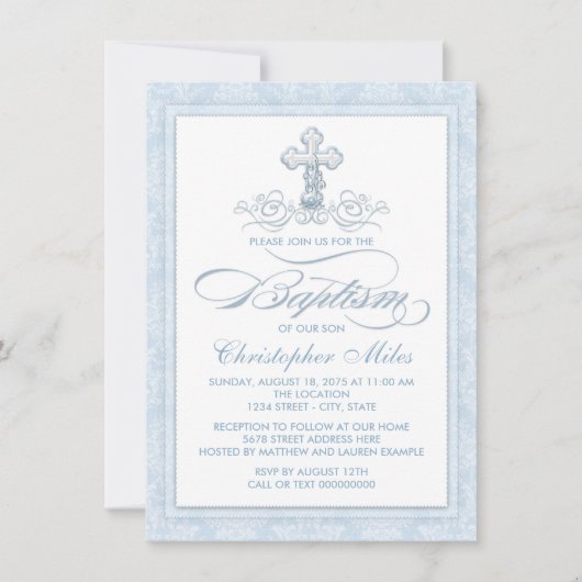 Invitation Baptême croisé bleu Damas (Devant)