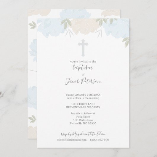 Invitation Baptême croisé de garçon de pivoines bleues en (Devant / Derrière)