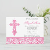 Invitation Baptême croisé fleuri rose de baptême de fille de (Debout devant)