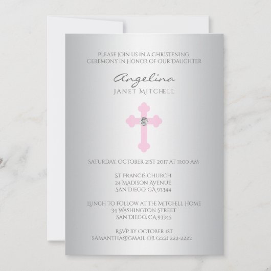 Invitation Baptême croisé rose argenté élégant de baptême de (Devant)