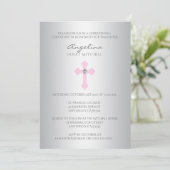 Invitation Baptême croisé rose argenté élégant de baptême de (Debout devant)