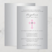 Invitation Baptême croisé rose argenté élégant de baptême de (Devant / Derrière)