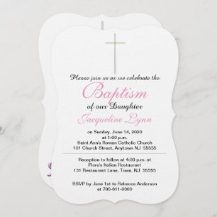 Invitation Baptême Croix Argent Fille Bébé rose