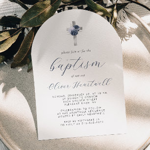 Invitation Baptême Croix Argentée Fleurs Bleues pour Garçon