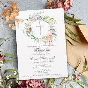 Invitation Baptême Croix Argentée Guirlande Florale