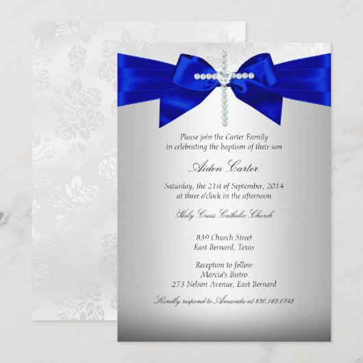 Invitation Baptême Croix Blanche Argent Bleu Royal (Devant / Derrière)
