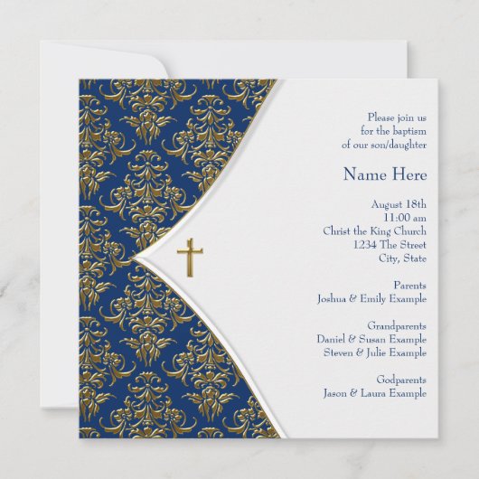 Invitation Baptême Croix Bleue et Or (Devant)