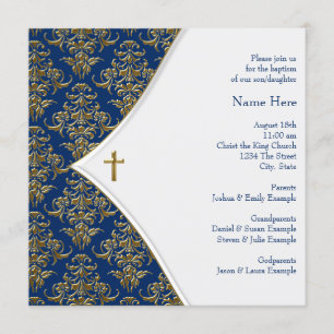 Invitation Baptême Croix Bleue et Or