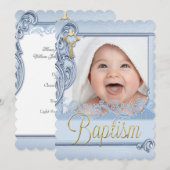 Invitation Baptême Croix Bleue Garçon Christening Photo (Devant / Derrière)