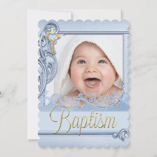 Invitation Baptême Croix Bleue Garçon Christening Photo (Devant)