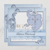 Invitation Baptême Croix Bleue Garçon damassé baptême (Devant / Derrière)