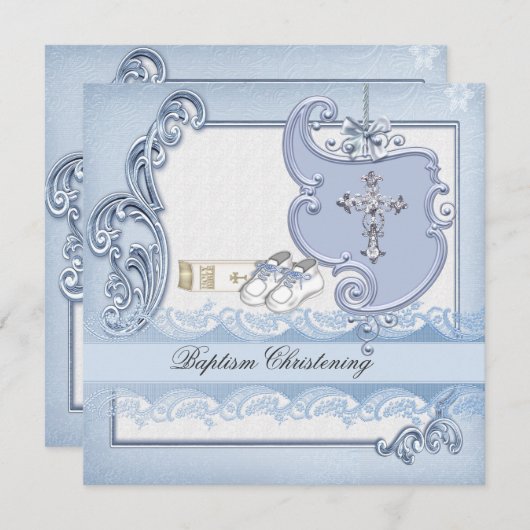 Invitation Baptême Croix Bleue Garçon damassé baptême (Devant / Derrière)