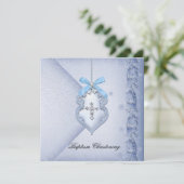 Invitation Baptême Croix Bleue Garçon damassé baptême (Debout devant)