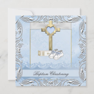 Invitation Baptême Croix Bleue Garçon damassé baptême Bible