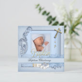 Invitation Baptême Croix Bleue Or Garçon Christening (Debout devant)