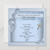 Invitation Baptême Croix Bleue Or Garçon Christening (Dos)