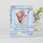 Invitation Baptême Croix Bleue Or Garçon Christening 2 (Debout devant)