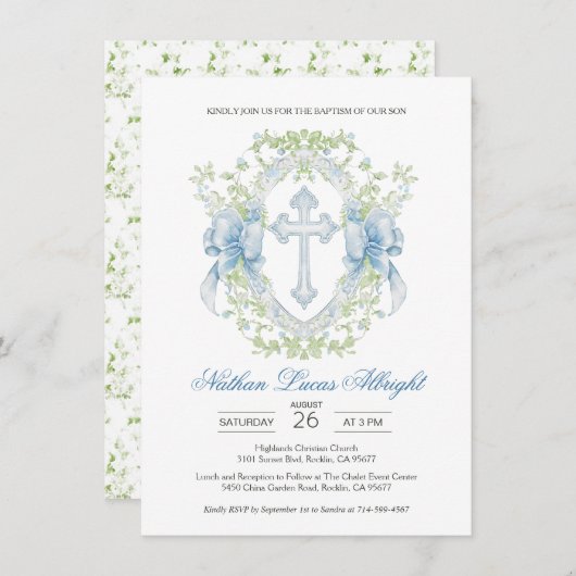 Invitation Baptême Croix Crest Verdure Baby Boy (Devant / Derrière)