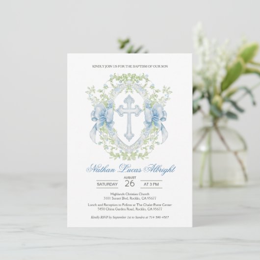 Invitation Baptême Croix Crest Verdure Baby Boy (Debout devant)
