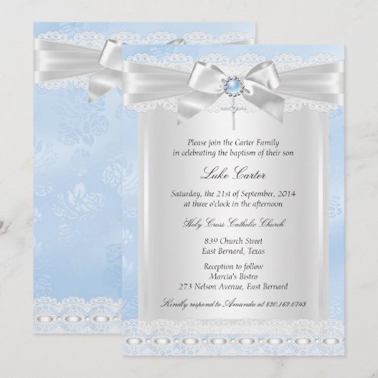 Invitation Baptême croix dentelle bleue (Devant / Derrière)