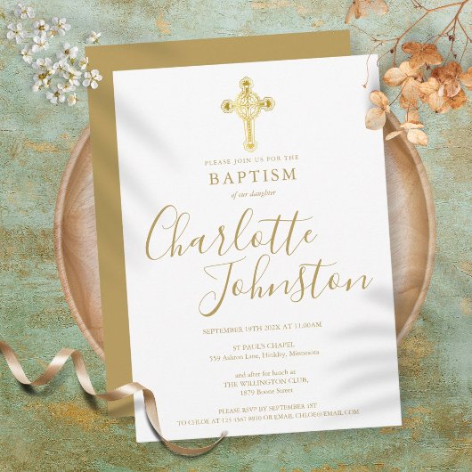 Invitation Baptême Croix d'Or Signature Script
