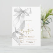 Invitation Baptême Croix Dorée Arc Gris Chic (Debout devant)