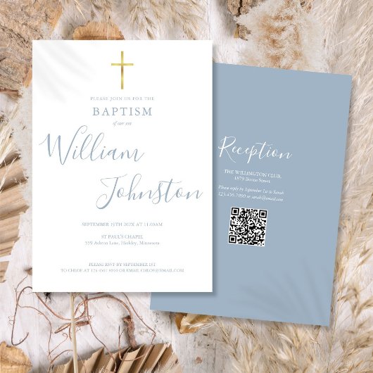 Invitation Baptême Croix Dorée Bleu Poussiéreux Code QR
