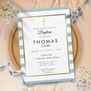 Invitation Baptême Croix Dorée Rayée de Bleu