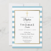 Invitation Baptême Croix Dorée Rayée de Bleu (Devant)