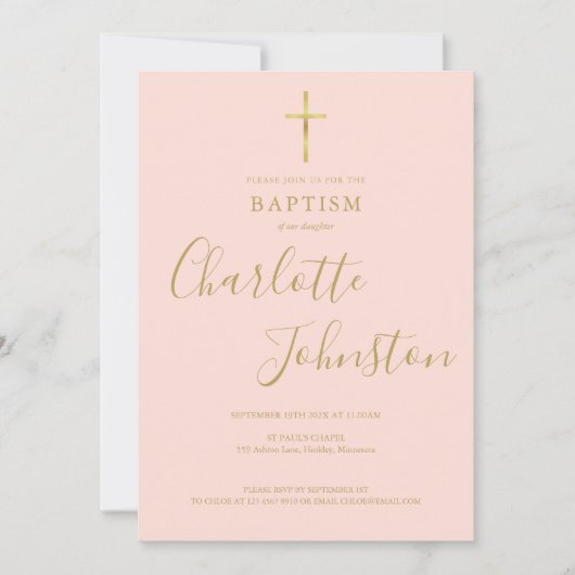 Invitation Baptême Croix Dorée Rose Pâle QR Code (Devant)