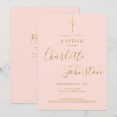 Invitation Baptême Croix Dorée Rose Pâle QR Code (Devant / Derrière)