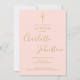 Invitation Baptême Croix Dorée Rose Pâle QR Code