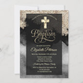 Invitation Baptême Croix Élégante en Or (Devant)