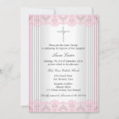Invitation Baptême croix en dentelle rose blanc (Devant)