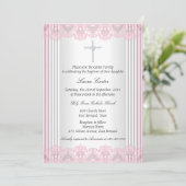 Invitation Baptême croix en dentelle rose blanc (Debout devant)