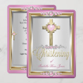 Invitation Baptême Croix Fille Perle Rose 2 (Devant / Derrière)