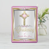 Invitation Baptême Croix Fille Perle Rose 2 (Debout devant)
