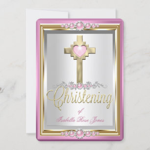 Invitation Baptême Croix Fille Perle Rose 2