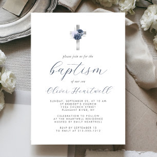 Invitation Baptême Croix Fleurs Bleu Navy Poussiéreux Garçon